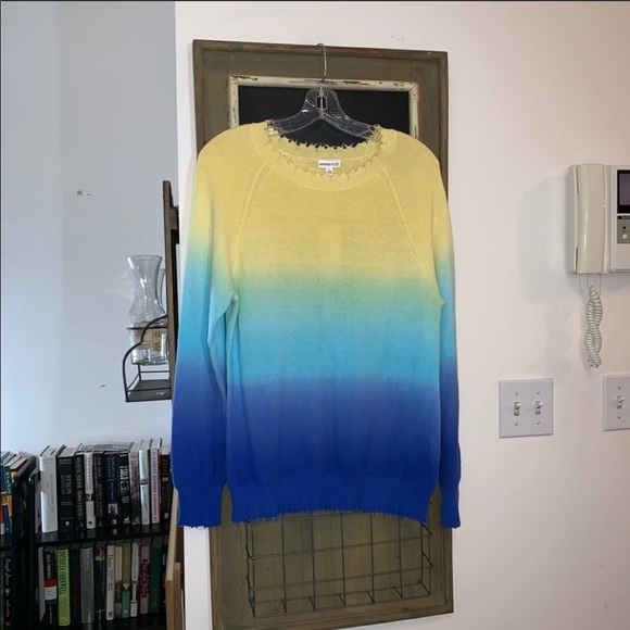 Minnie Rose Women's Blue Distressed Ombré Sweater - Picture 6 of 8